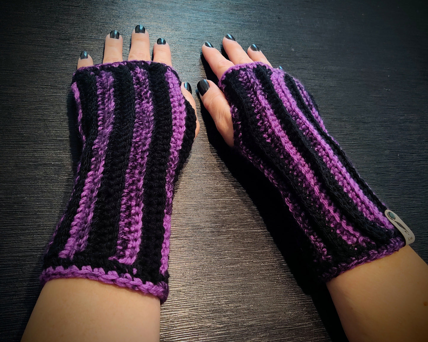 Stripey Peculiar Purple & Black Fingerless Gloves