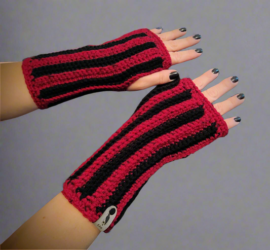 Stripey Blood Red & Black Fingerless Gloves